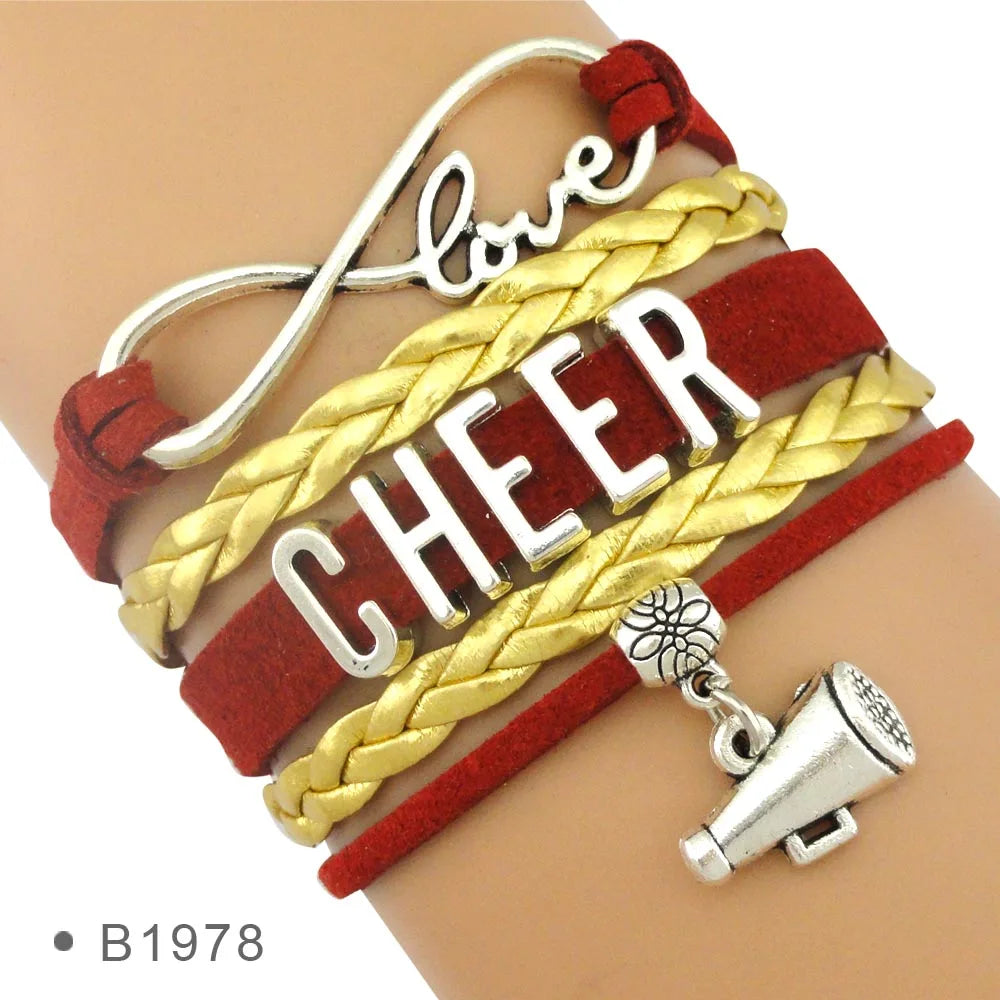 Infinity Love Heart Megaphone Cheer Mom Cheerleader Cheering Squad Team Charm Girls Leather Wrap Bracelets for Women