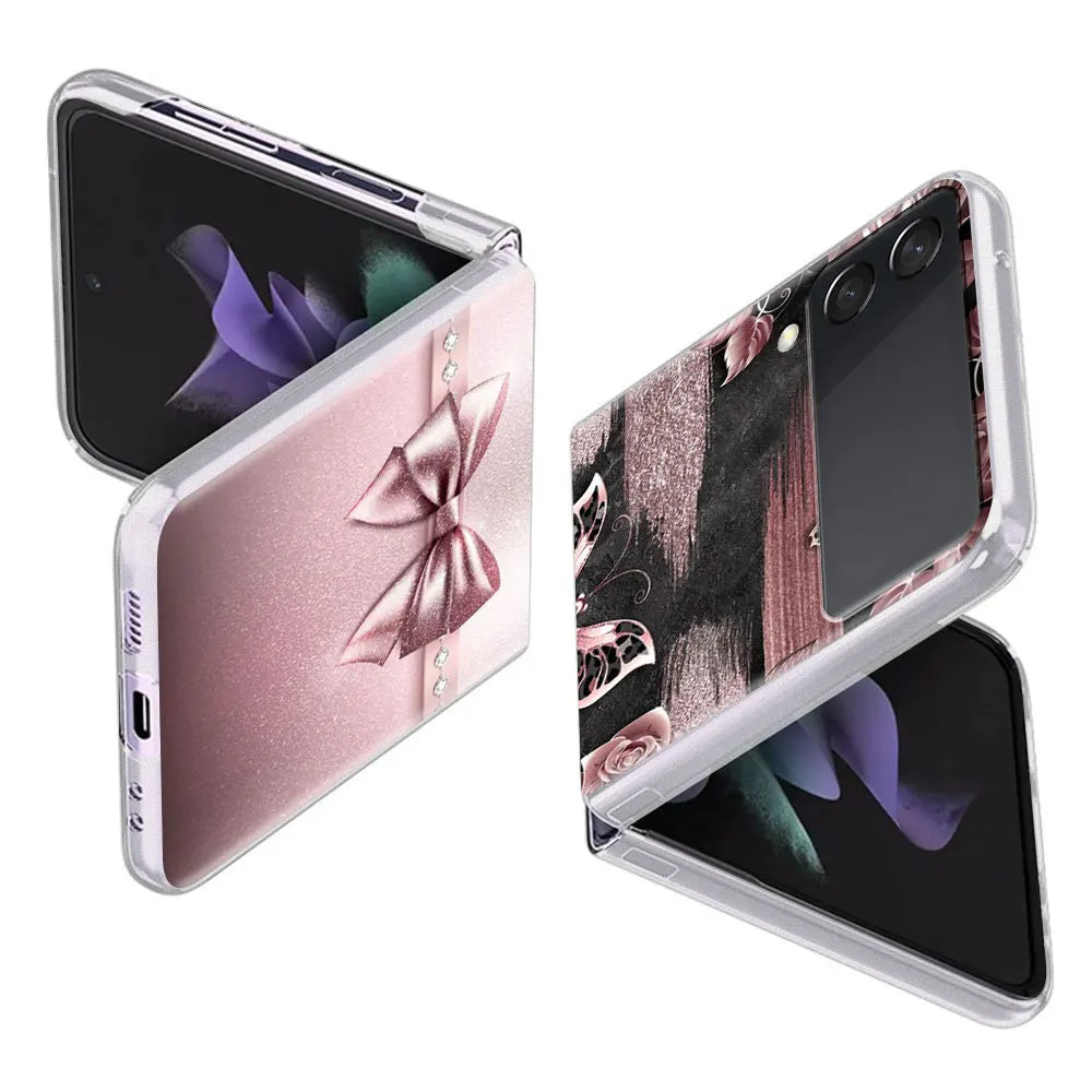 Fundas Case For Samsung Galaxy Z Flip 3 4 5G Transparent Hard Cell Phone Cover ZFlip3 Clear PC Luxury Love Bow