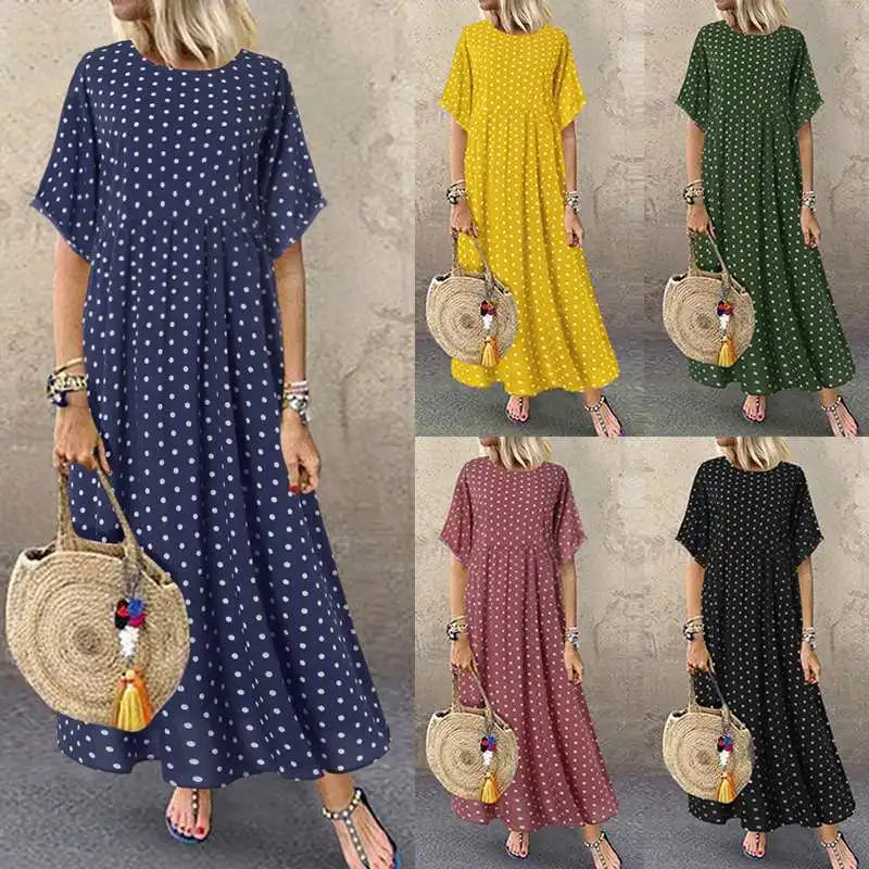 ZANZEA 2023 Fashion Polka Maxi Dress Women's Print Sundress Casual O Neck Summer Long Vestidos Female Pleated Robe