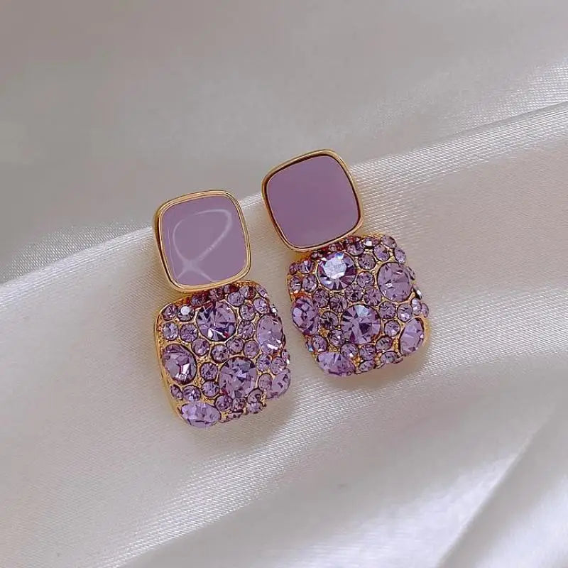 S925 Silver Needle Purple Retro Square Rhinestone Dripping Oil New Trendy Temperament Net Red Earrings Women's Jewelry Brincos