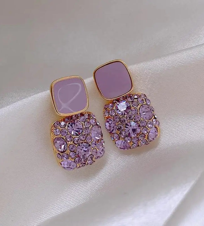 S925 Silver Needle Purple Retro Square Rhinestone Dripping Oil New Trendy Temperament Net Red Earrings Women's Jewelry Brincos