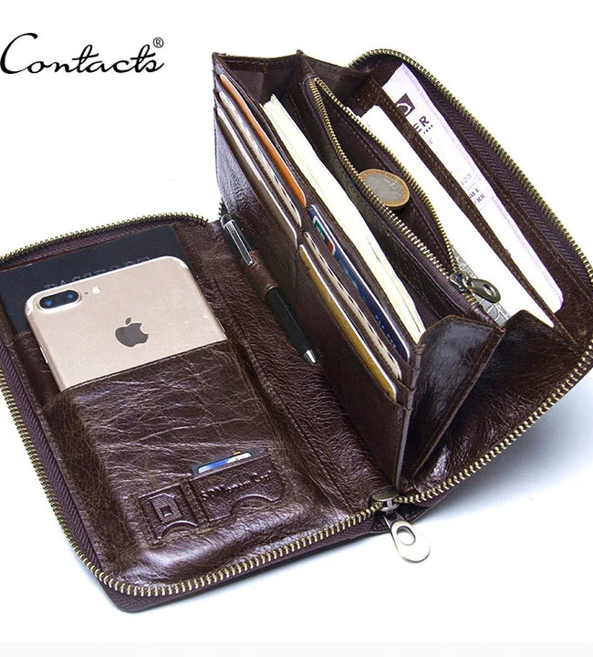 Genuine Leather Men Clutch Wallet  Brand Male Card Holder Long  Zipper Around Travel Purse With Passport Holder 6.5