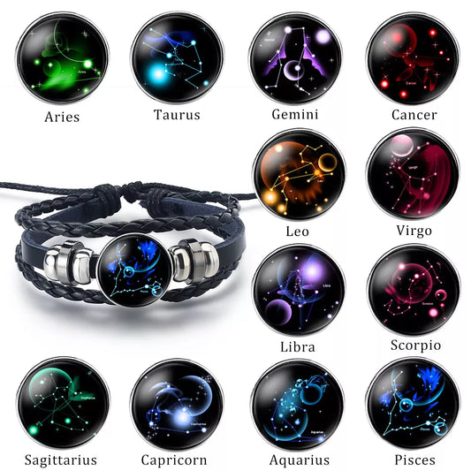 12 Zodiac Signs Constellation  Bracelet Men's and Women's Trend Multi-layer Woven Leather Couple Bracelet  Accessories