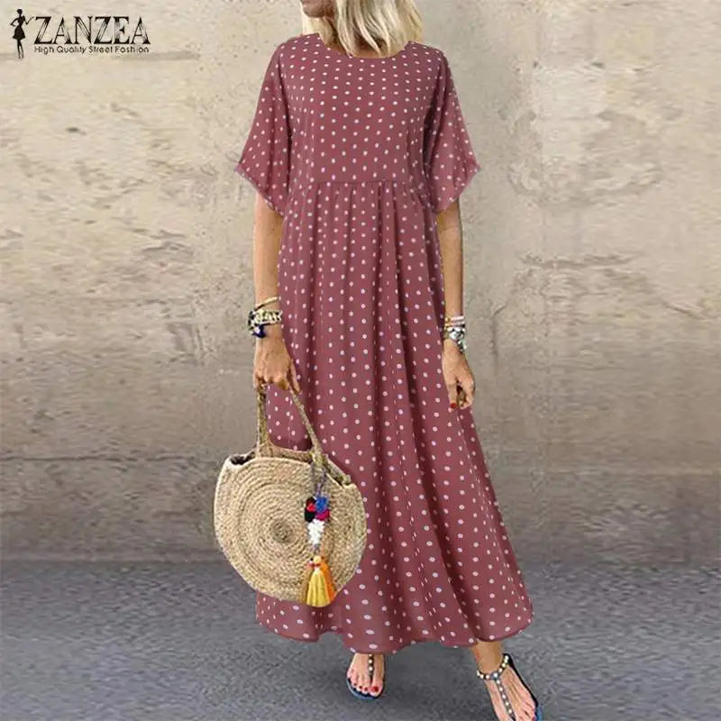 ZANZEA 2023 Fashion Polka Maxi Dress Women's Print Sundress Casual O Neck Summer Long Vestidos Female Pleated Robe