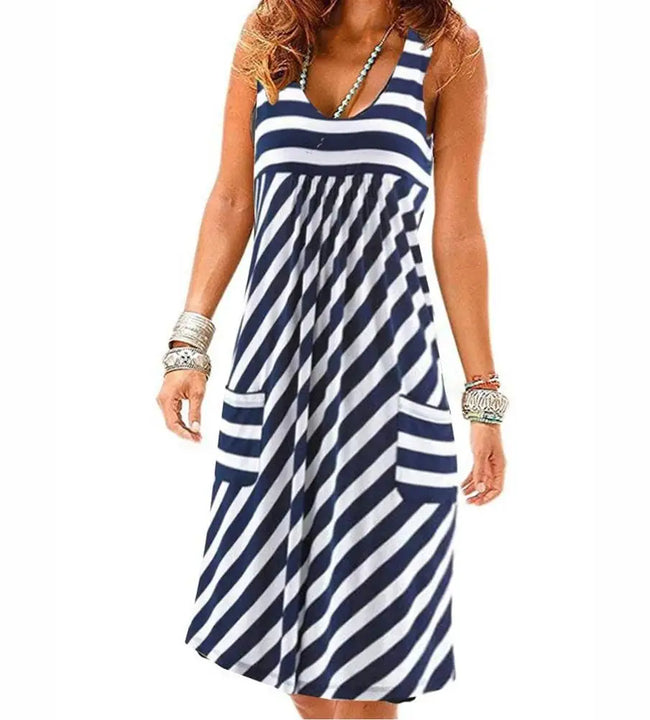 Fashion striped dress  summer dress  loose simple sleeveless dress women's clothing