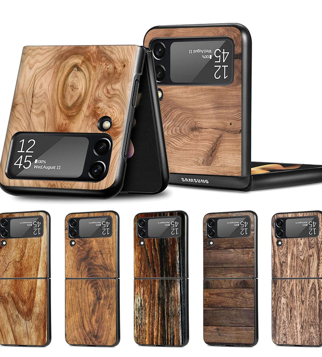 Texture Wood Case for Samsung Galaxy Z Flip3 Flip4 5G Black Hard Cell Phone Cover Z Flip 3 4 Luxury PC Shell Zflip3 Coque