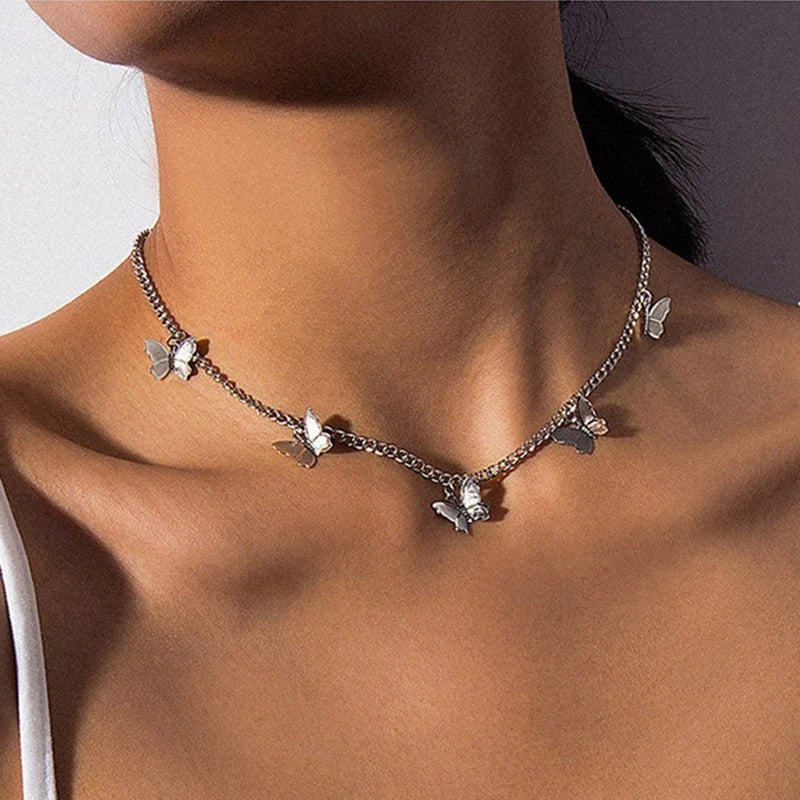 Clavicle Short Punk Gold Silver Color Butterfly Chain Necklace Gothic Jewelry Pendant Women's Girl Gift New Fashion Wholesale