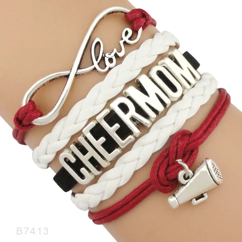 Infinity Love Heart Megaphone Cheer Mom Cheerleader Cheering Squad Team Charm Girls Leather Wrap Bracelets for Women