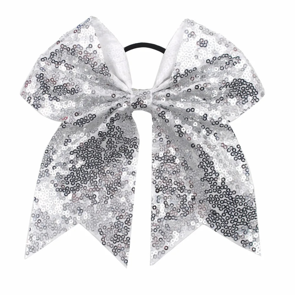 12Pcs 7.5" Bling Sparkly Glitter Sequins Pigtail Bows for kid Girls Large cheerleading bows Ponytail Holder Elastic Hair Ties