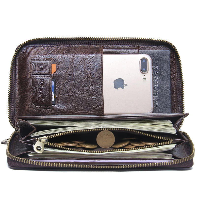 Genuine Leather Men Clutch Wallet  Brand Male Card Holder Long  Zipper Around Travel Purse With Passport Holder 6.5" Phone Case