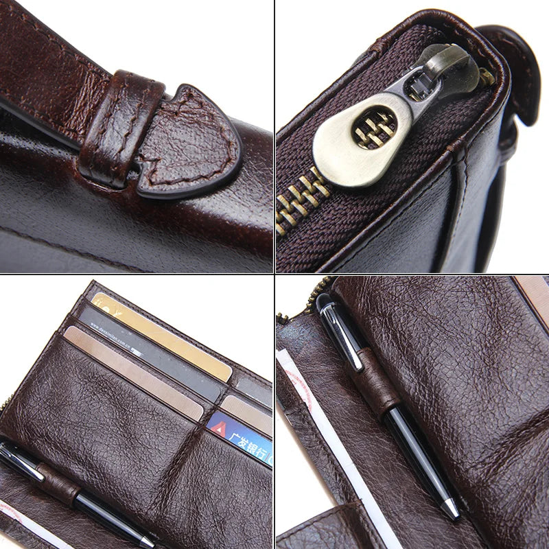 Genuine Leather Men Clutch Wallet  Brand Male Card Holder Long  Zipper Around Travel Purse With Passport Holder 6.5" Phone Case