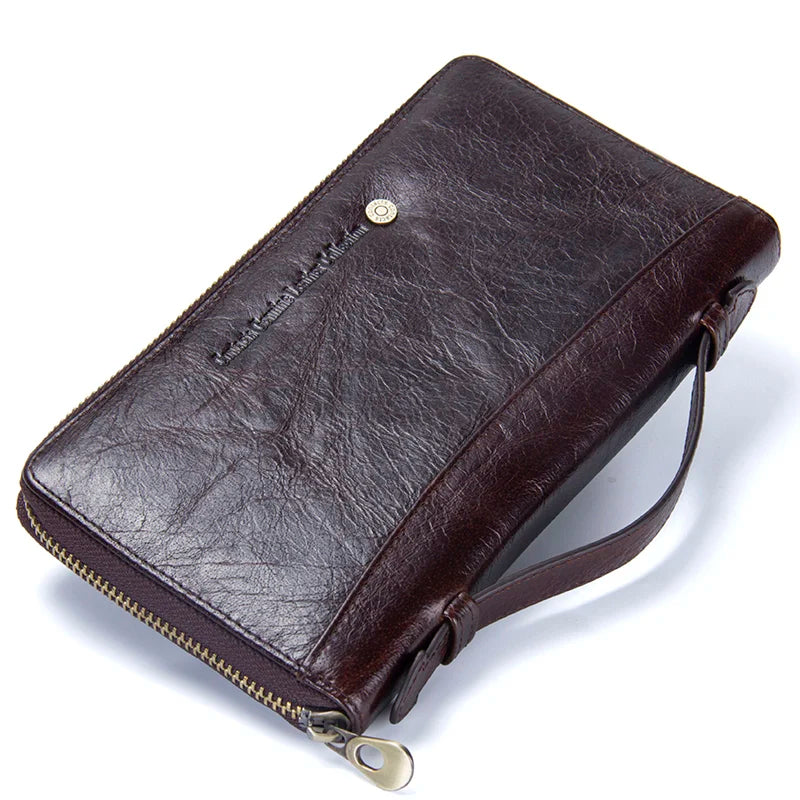 Genuine Leather Men Clutch Wallet  Brand Male Card Holder Long  Zipper Around Travel Purse With Passport Holder 6.5" Phone Case