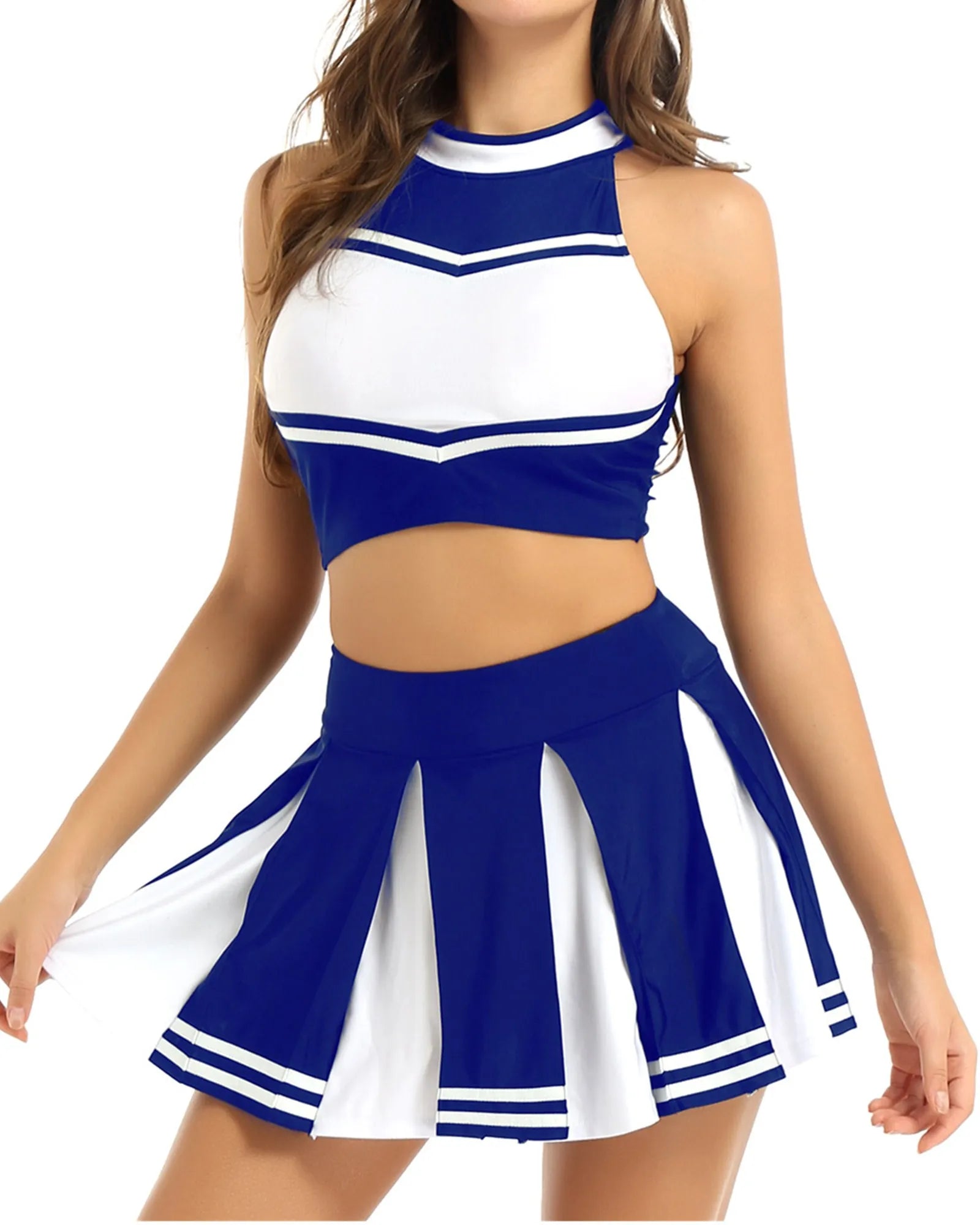 Women Cheerleading Costume Uniform School Girls Carnival Cosplay Outfit Stand Collar Sleeveless Crop Top with Mini Pleated Skirt