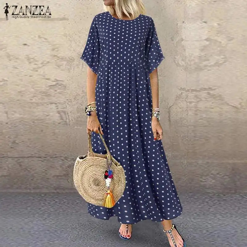 ZANZEA 2023 Fashion Polka Maxi Dress Women's Print Sundress Casual O Neck Summer Long Vestidos Female Pleated Robe