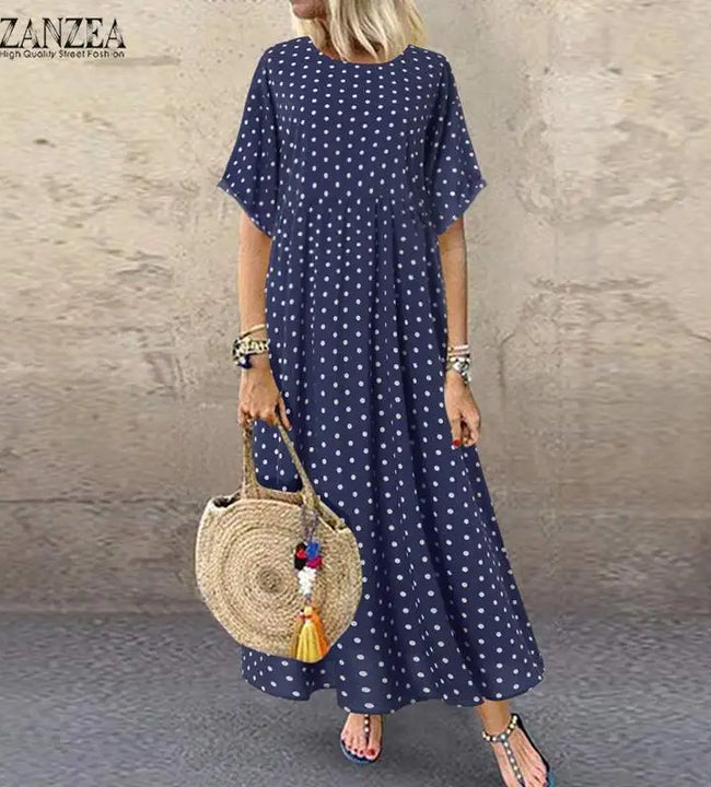 ZANZEA 2023 Fashion Polka Maxi Dress Women's Print Sundress Casual O Neck Summer Long Vestidos Female Pleated Robe