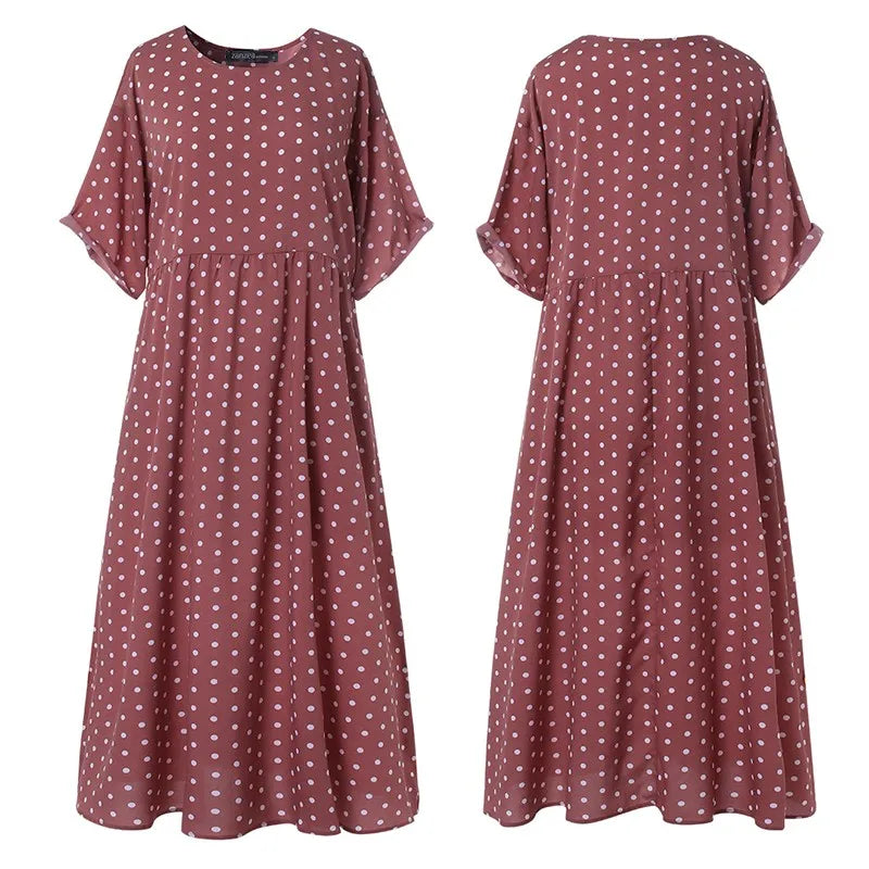 ZANZEA 2023 Fashion Polka Maxi Dress Women's Print Sundress Casual O Neck Summer Long Vestidos Female Pleated Robe