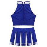 Women Cheerleading Costume Uniform School Girls Carnival Cosplay Outfit Stand Collar Sleeveless Crop Top with Mini Pleated Skirt