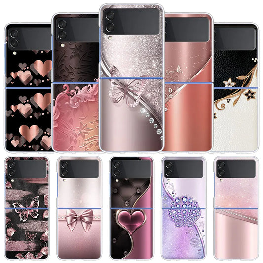 Fundas Case For Samsung Galaxy Z Flip 3 4 5G Transparent Hard Cell Phone Cover ZFlip3 Clear PC Luxury Love Bow