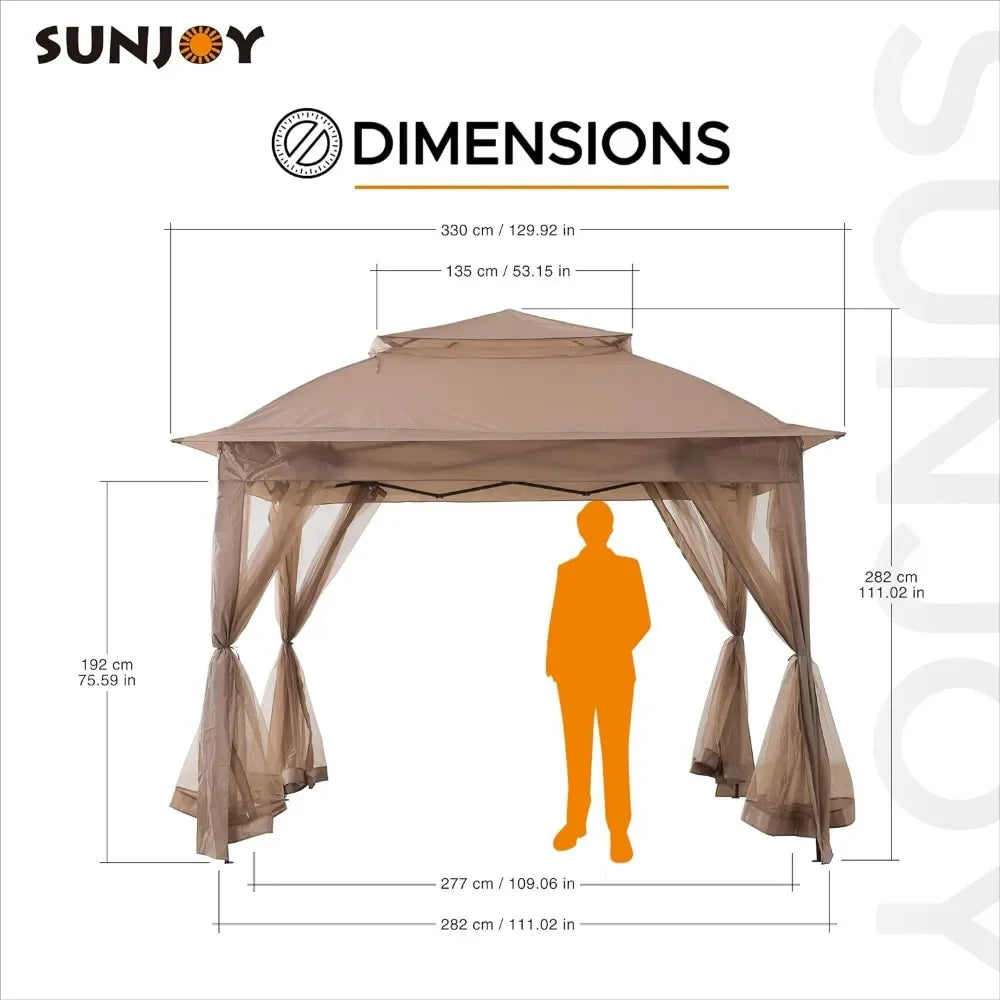 11x11 ft. Pop-Up Instant Gazebo, Outdoor Portable Steel 2-Tier Top Canopy/Tent with Netting and Carry Bag, Patio Umbrellas Tents