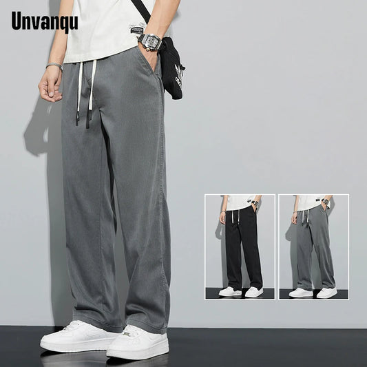 Unvanqu 2024 Spring Summer New Tencel Wide Leg Pants Men's Simple Versatile Casual Trousers Fashion Loose Straight Overalls Male