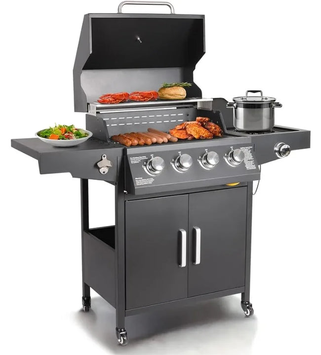 Propane Gas Grill 4 Burners with Side Burner Freestanding Grill Cart with Wheels for Outdoor Garden Cooking Barbecue Grill