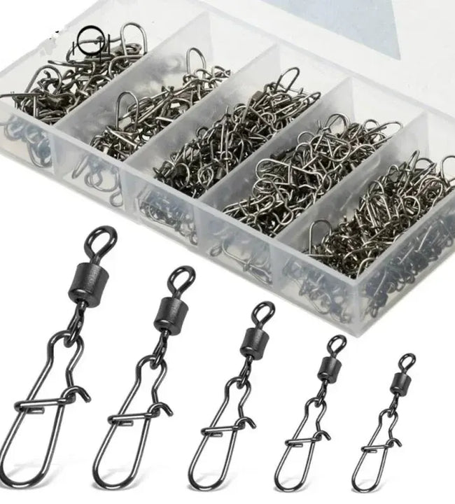 50pc/box Stainless Steel Fishing Connector Pin 4# 6# 8#10#12# Bearing Rolling Swivel with Snap Fishhook Lure Accessories