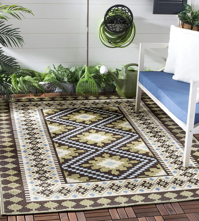 Area Rug, Chocolate & , Boho Design, Non-Shedding & Easy Care, Indoor/Outdoor & Washable-Ideal for Patio, Backyard