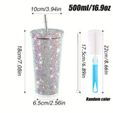 1pc Sparkling Studded Tumbler With Lid And Straw 16.9oz Stainless Steel Water Bottle Shiny Glitter Insulated Water Cup Drinkware