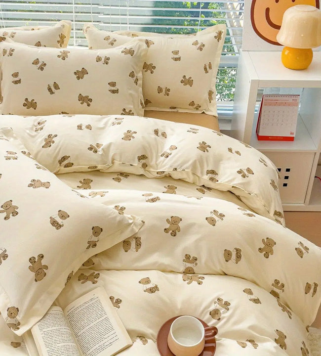 Cute Bear Bedding Set No Filler Ins Korean Style Duvet Cover Pillowcase 2024 New Single Full Size Kids Adult Soft Bed Linen