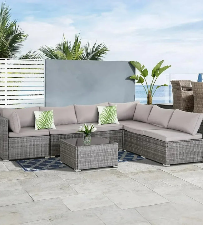 7/8 Pieces Patio Furniture Set, Modular Patio Set Wicker Outdoor Sectional Sofa Set PE Rattan Wicker Patio Conversation Set