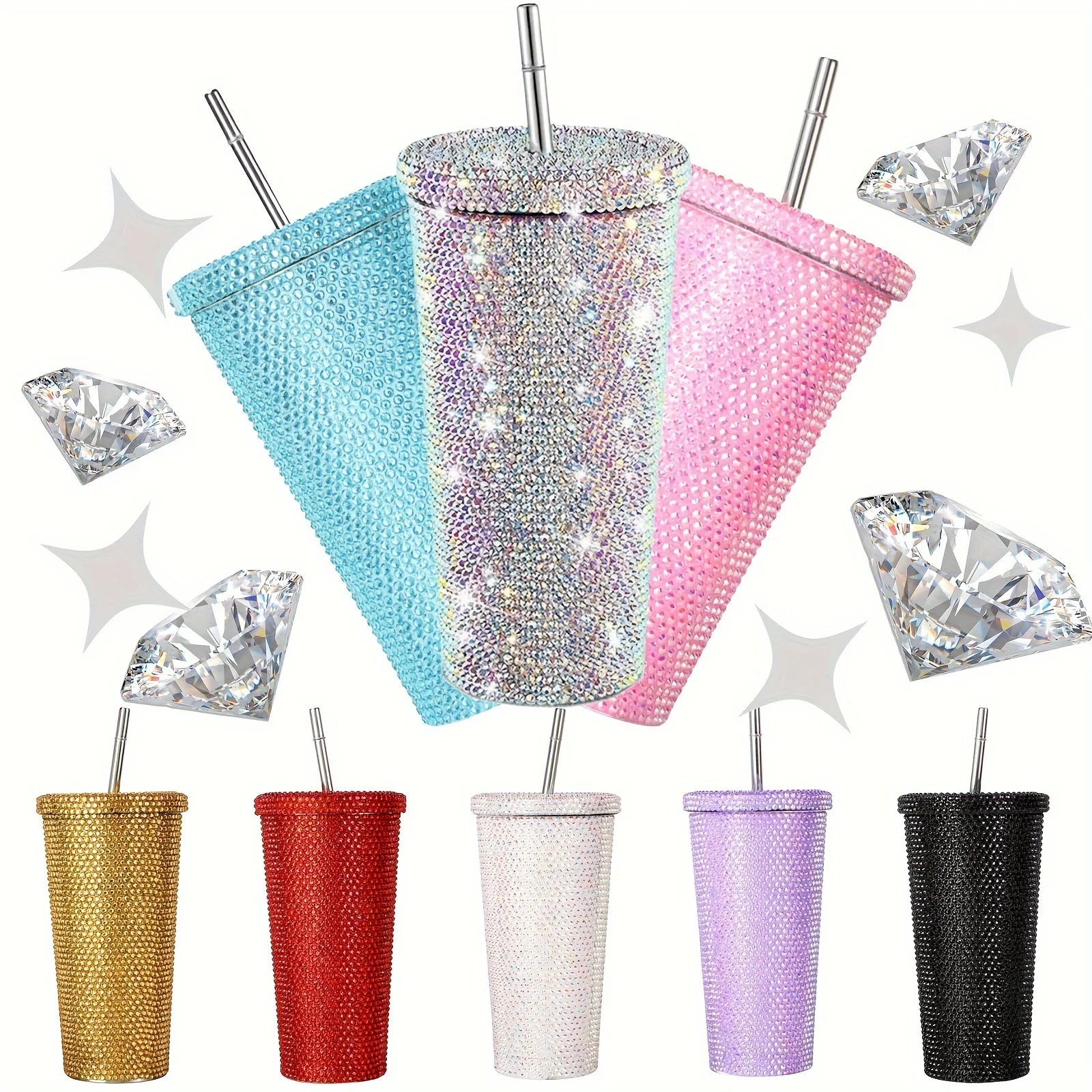 1pc Sparkling Studded Tumbler With Lid And Straw 16.9oz Stainless Steel Water Bottle Shiny Glitter Insulated Water Cup Drinkware