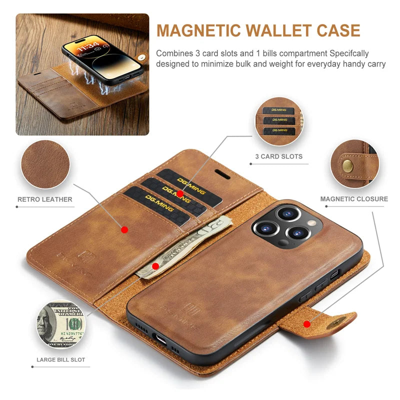 For iPhone 15 14Pro Max 13 12 11 Pro Max Plus XS X XR Deluxe removable magnetic wallet flip cover cell phone leather case