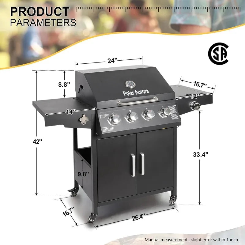 Propane Gas Grill 4 Burners with Side Burner Freestanding Grill Cart with Wheels for Outdoor Garden Cooking Barbecue Grill