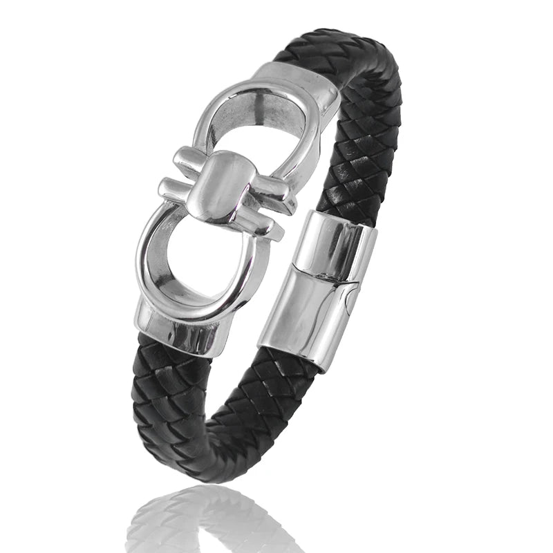 Luxury Stainless Steel Infinite Symbol Bracelet Fashion Men's Jewelry Classic Braided Leather Bracelet Homme New Year Men Gift