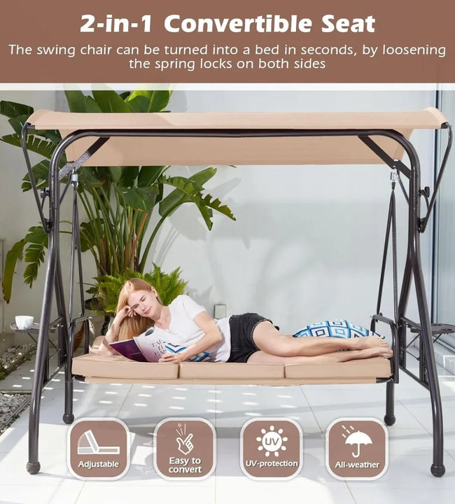 3-Seat Outdoor Porch Swing with Stand, Patio Swings with Canopy, 2 in 1 Porch Swings Bed & Patio Swing Chair for Adult