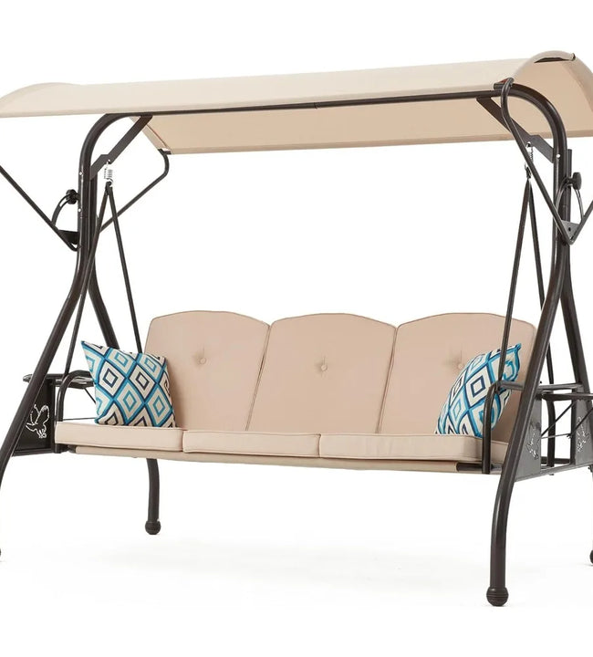 3-Seat Outdoor Porch Swing with Stand, Patio Swings with Canopy, 2 in 1 Porch Swings Bed & Patio Swing Chair for Adult