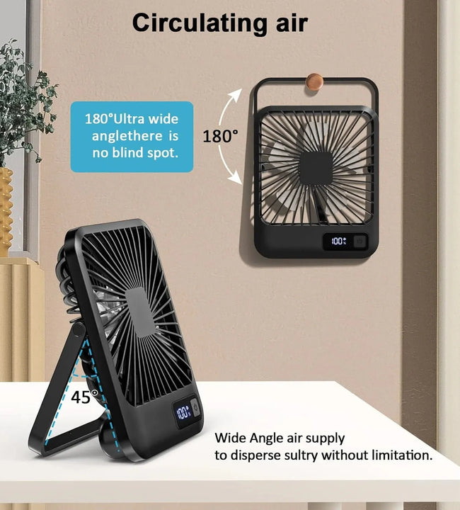 Desk Fan, Portable USB Rechargeable Fan, 180° Tilt Folding Personal Fan With Power Display, 5 Speeds Ultra Quiet Table Fan