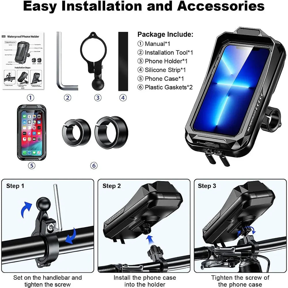 Waterproof Bike Bicycle Phone Case Universal Motorcycle Handlebar Phone Holder Stand Motorbike Scooter Cell Phone Mount Bracket