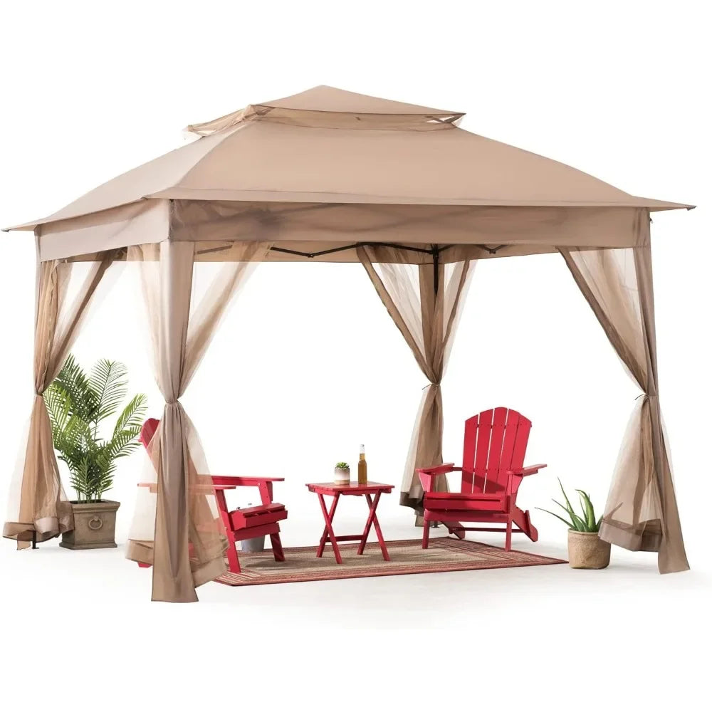 11x11 ft. Pop-Up Instant Gazebo, Outdoor Portable Steel 2-Tier Top Canopy/Tent with Netting and Carry Bag, Patio Umbrellas Tents