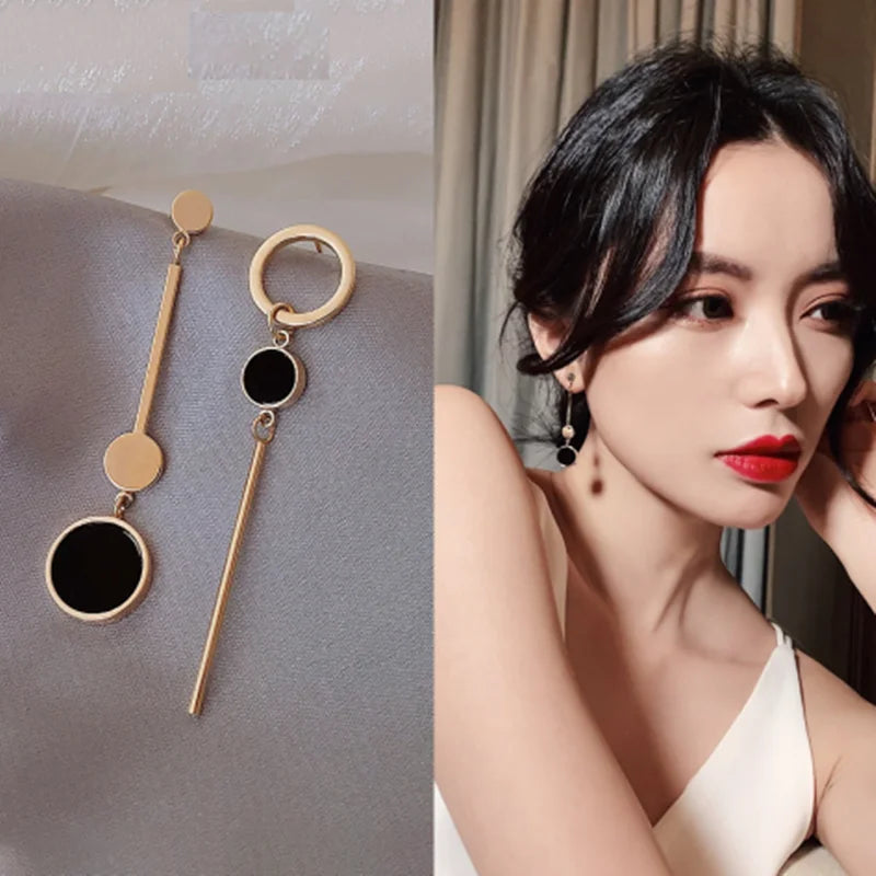 Hot Women's Fashion Earrings Long Statement Asymmetry Round Geometric Rectangle Black Crystal Earrings Women Jewelry Gifts