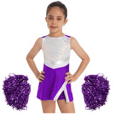 Kids Girls Cheer Dance Outfits Halloween Party Cosplay Cheerleading Costume Sequins Sport Dresses with Shorts and Flower Balls