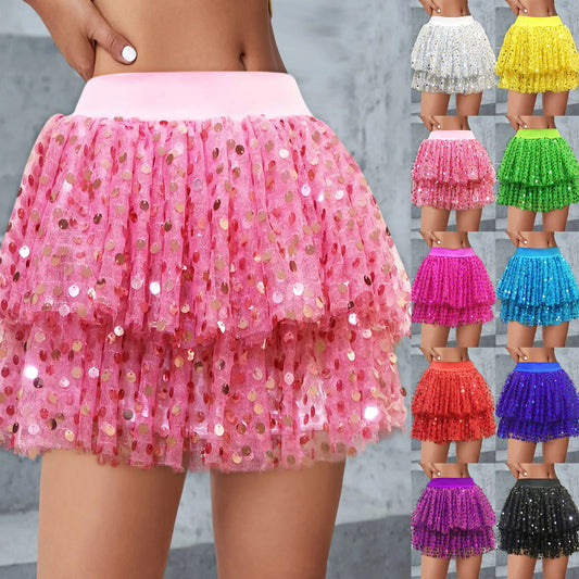 Women Tulle Skirts Ladies Cake Skirt Mesh Skirt Fine Glitter Sequins Cheerleader Tutu Skirt Female Carnival Festival Costume