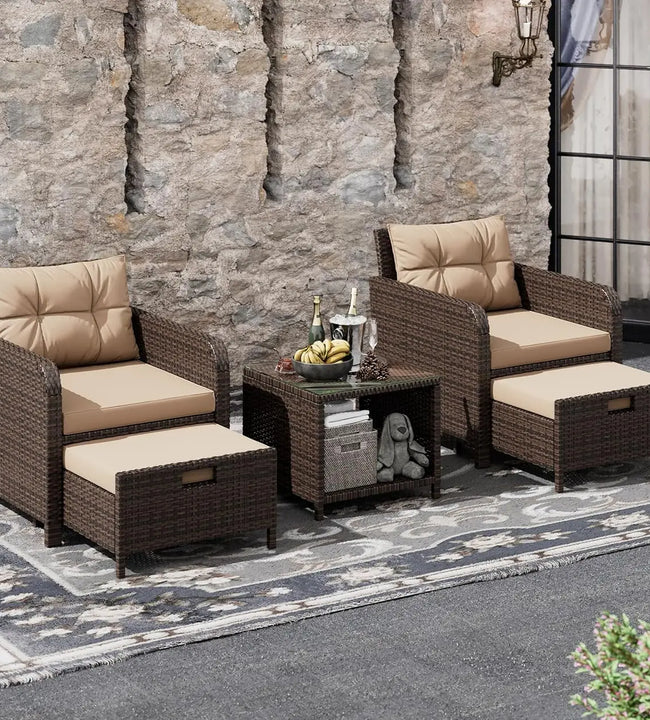 Garden Furniture Set 5 Piece, Wicker Rattan Lounge Chairs with Soft Cushions 2 Ottoman&Glass Table, Patio Conversation Set