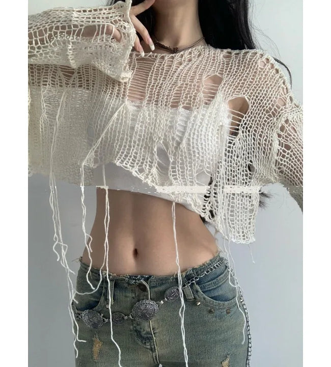 Deeptown Y2K Women's Knit Tshirt Hollow Out Knitwear Cropped Sweater Spring Short Networks Jumper Vintage Gyaru Korean Fashion