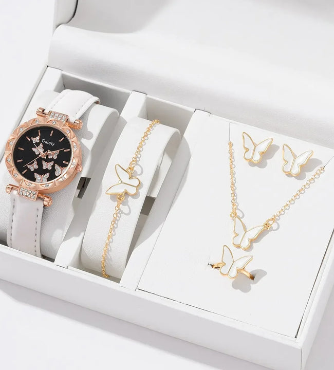 6/1pcs Set Women Watch Ring Necklace Earrings Bracelet Set Watches Butterfly Leather Strap Ladies Quartz WristWatch (No Box)