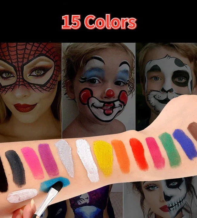 15Colors Face Painting Kit Body Makeup Non Toxic Water Paint Oil with Brush for Christmas Halloween Fancy Carnival Vibrant Party