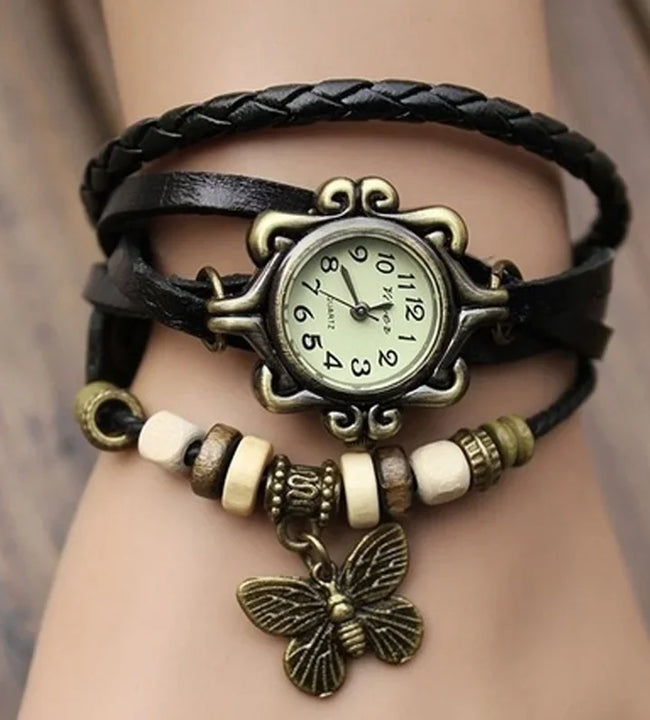 Women's Casual Vintage Multilayer Butterfly Faux Leather Bracelet Wrist Watch Ladies Female Clock Fashion Bracelet Watch