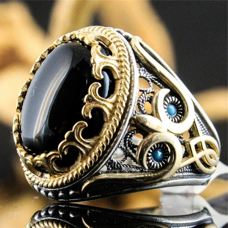 New Punk Turkey Vintage Rings Geometric Oval Black Suitable for Anniversary Party Wedding Men's Rings High-end Luxury Jewelry