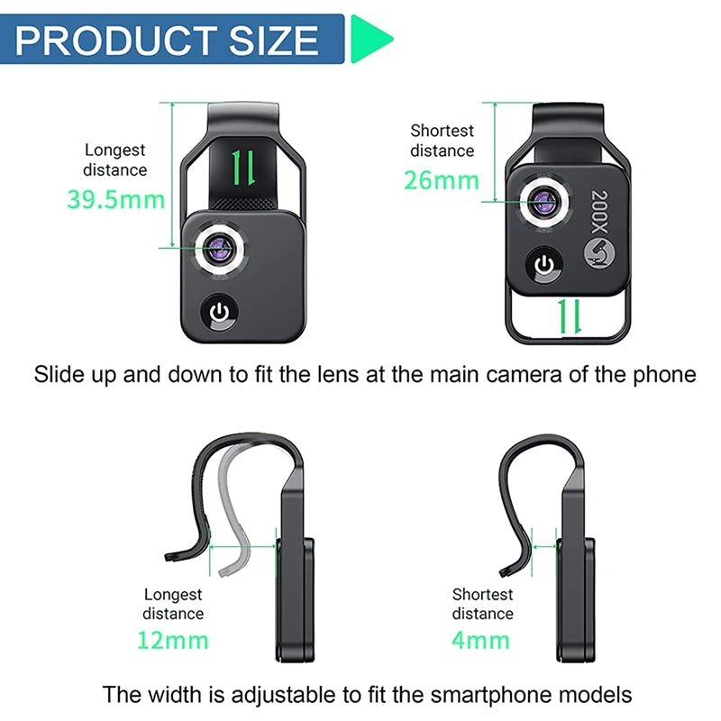 200X Cell Phone Microscope Accessory With CPL Lens, Portable Mini Digital Microscope With LED Light/Universal Clip