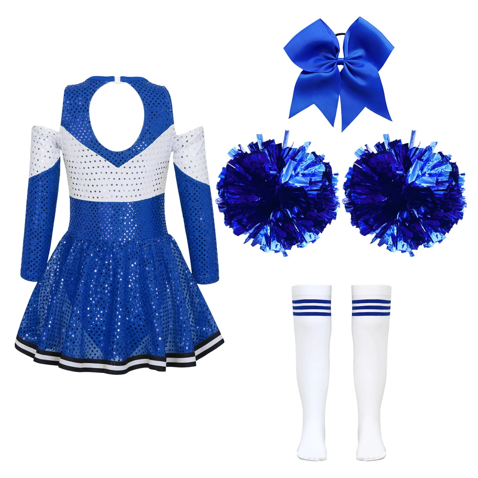 Cheer leader Costume Schoolgirl Dance Outfit for Kids Girls Sequin Cheerleading Uniform Dress with Pompom Socks Performance Suit